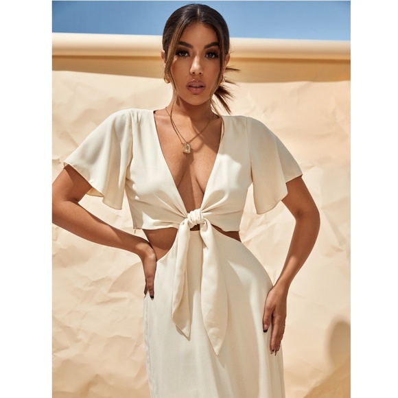 Tie Front Cut Out High Slit Beige Maxi Dress Boho - Picture 8 of 12